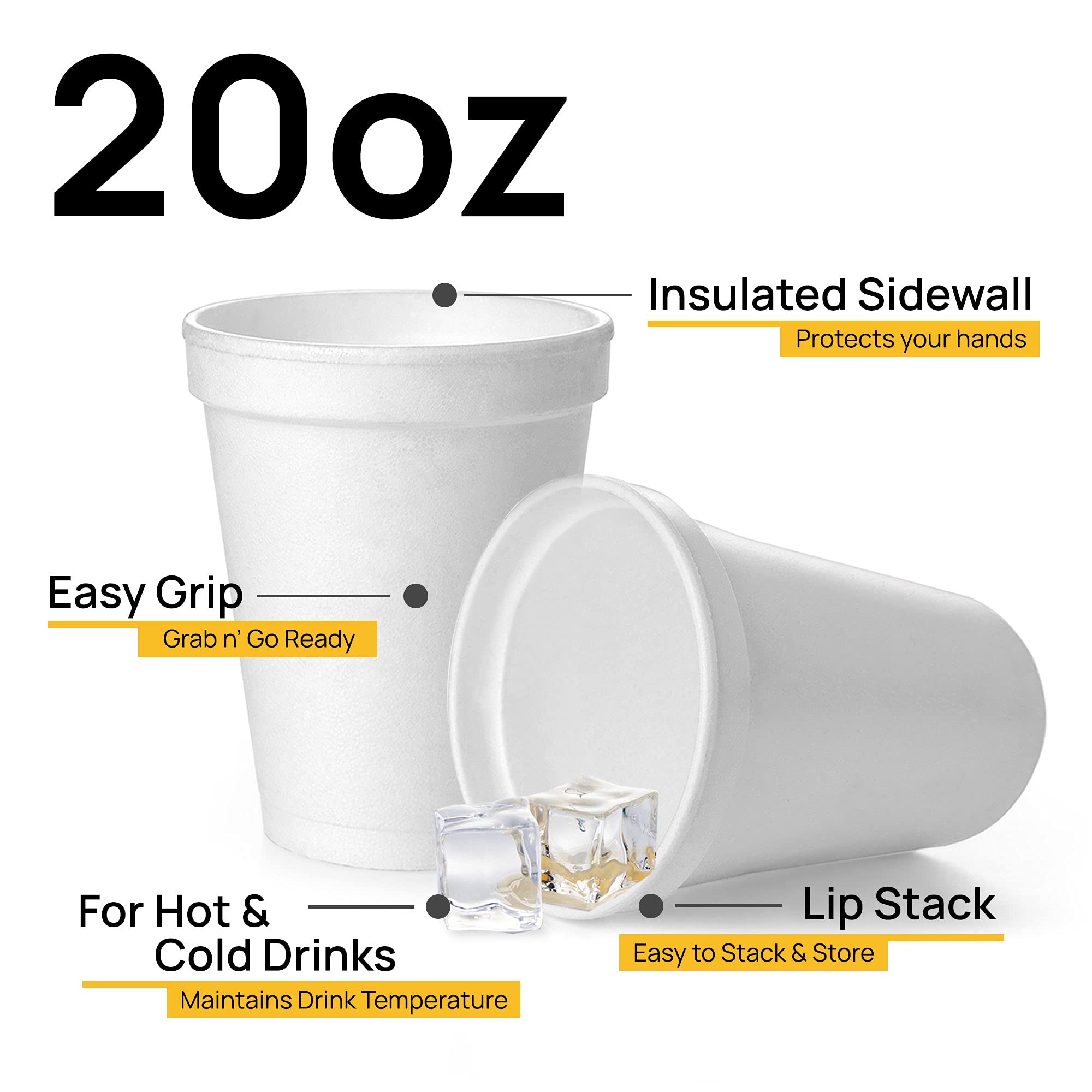 20 Oz Disposable Foam Cups (50 Pack), White Foam Cup Insulates Hot & Cold Beverages, Made in the USA, To-Go Cups - for Coffee, Tea, Hot Cocoa, Soup, Broth, Smoothie, Soda, Juice