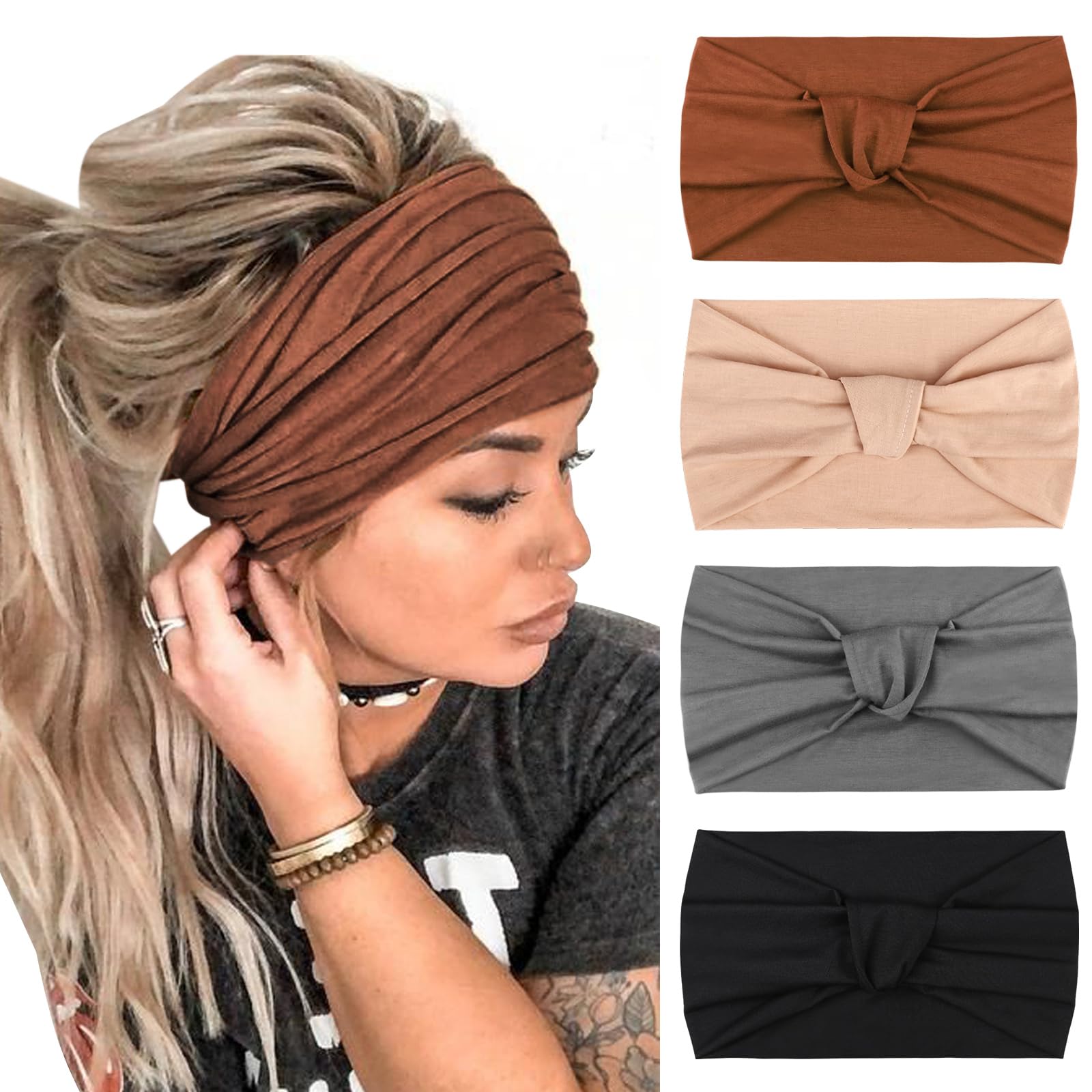 DRESHOW 4 Pack Turban Headbands for Women Wide Vintage Head Wraps Knotted Cute Hair Band Accessories