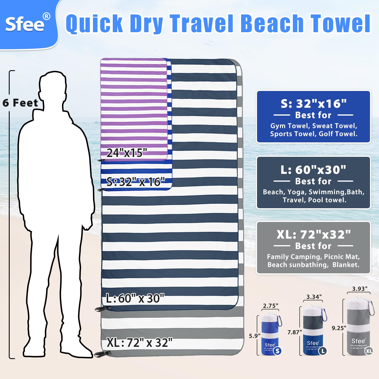 Sfee 2 in 1 Microfiber Beach Towel, Quick Dry Towel Camping Towel Travel Towel Super Absorbent Compact Lightweight Sports Towel Gym Towel Set for Beach, Gym, Hiking, Pool, Backpacking, Bath, Yoga