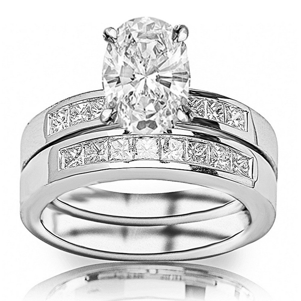 14K White Gold 2.75 Carat LAB GROWN DIAMOND Classic Channel Set Princess Cut Oval Cut Diamond Engagement Ring and Wedding Band Set (G-H Color VS1-VS2 Clarity 2 Ct Center)