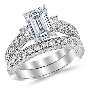 houston diamond district 14k white gold 5 carat lab grown 3 stone vintage with milgrain & filigree bridal set with wedding band emerald cut engagement ring (d-e color vs1-vs2 clarity 4 ct center)