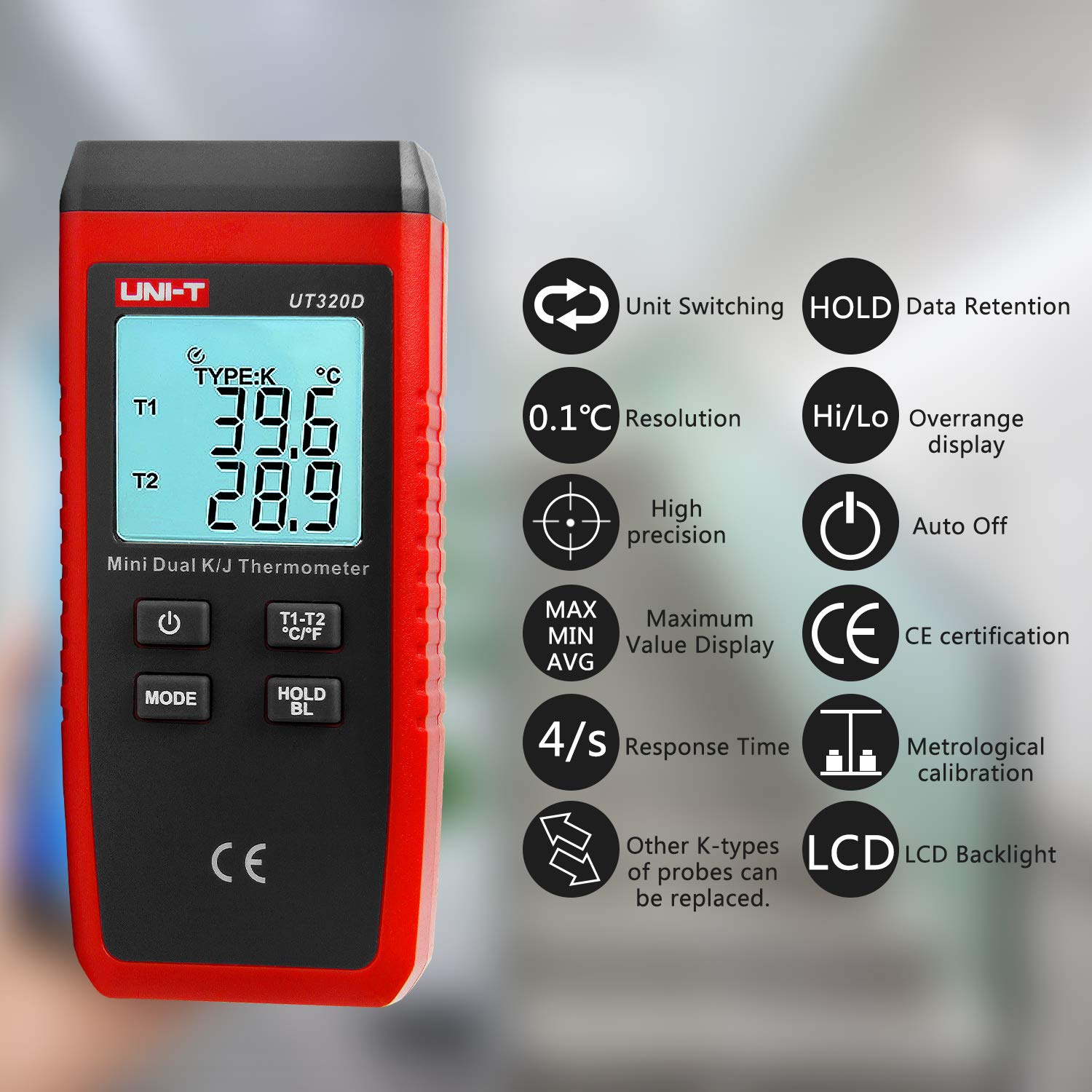 UNI-T K/J Type Thermocouple, Mini Contact Type Dual Channel Thermometer,Minus 58F to 2192F Wide Range Digital Thermometer, Pipe/Radiator/Probe Thermometer Temperature Gauge UT320D