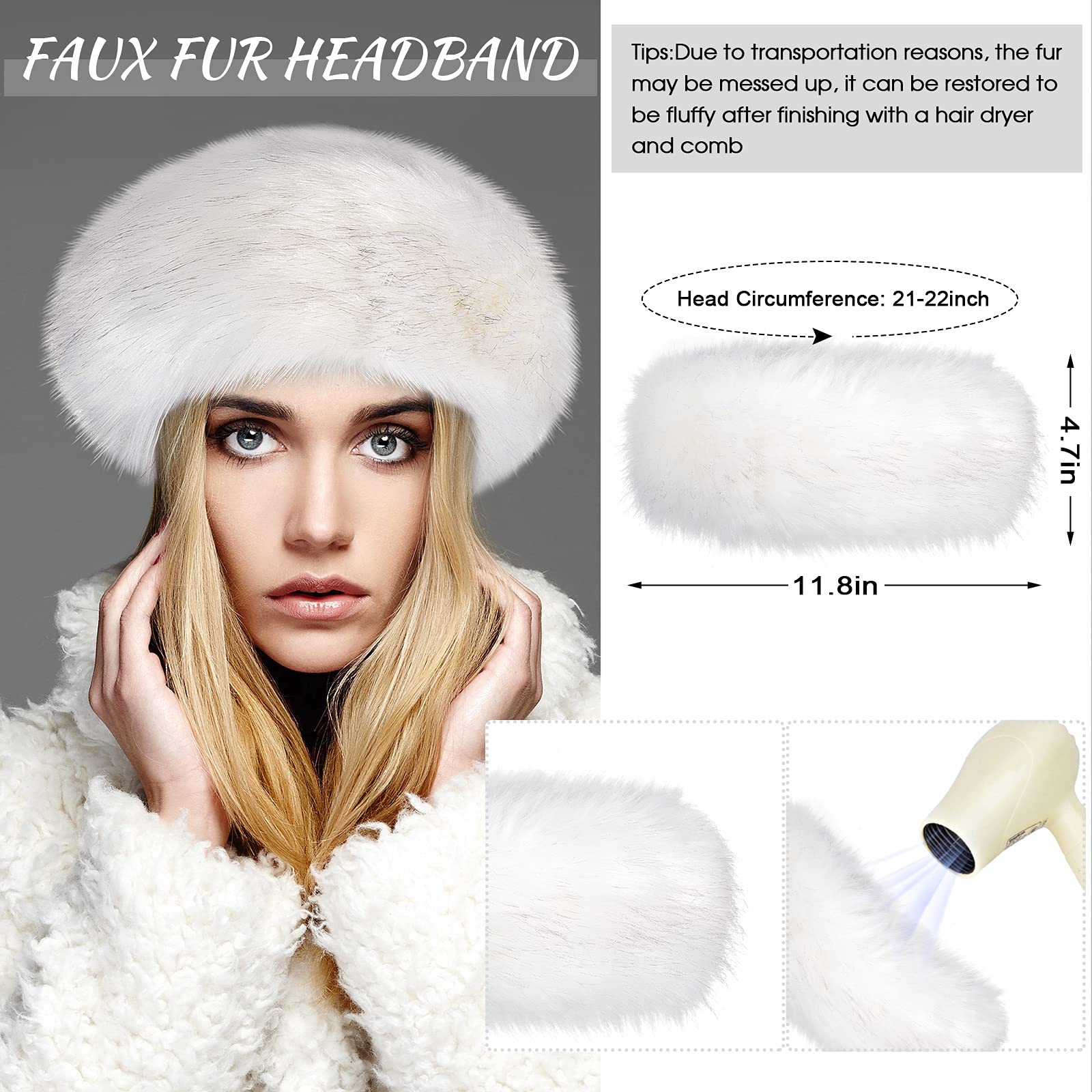 SATINIOR 3 Pieces Faux Fur Headband Set Ear Warmer Headwrap Furry Wrist Cuff Leg Warmers Boot Cuff Winter Accessories for Women Girls (White)