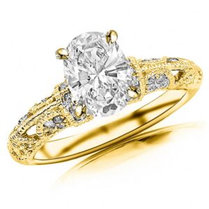 14k yellow gold 1 carat lab grown diamond vintage pave set round oval cut diamond engagement ring (g-h color vs1-vs2 clarity 0.75 ct center)