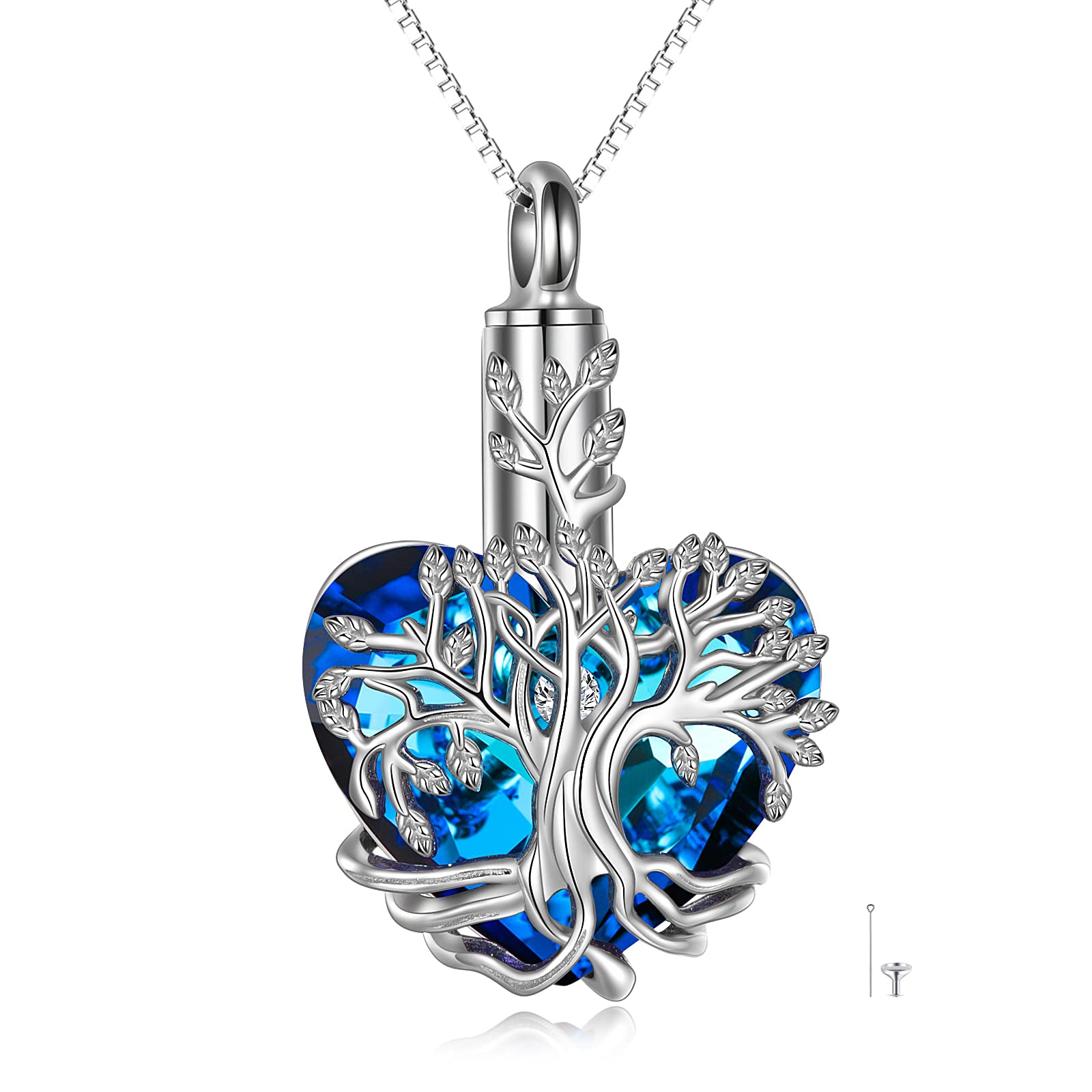 YFN Urn Necklace for Ashes for Women Tree of Life Heart Cremation Jewelry Sterling Silver with Blue Crystal with Funnel Filler Urn Jewelry Gifts for Women