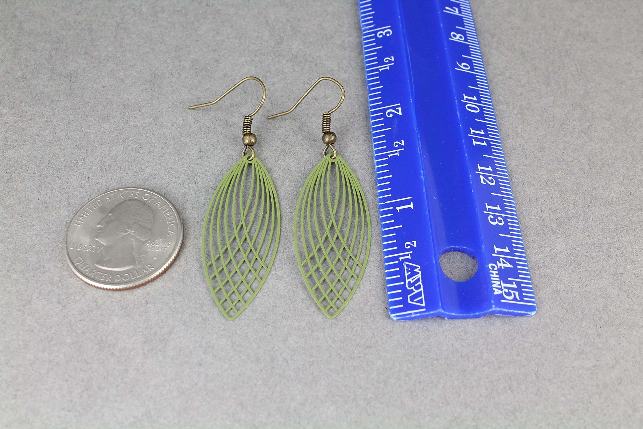 Olive Green earrings teardrop dangle lightweight oval filigree 2 1/4 inches long painted very lightweight