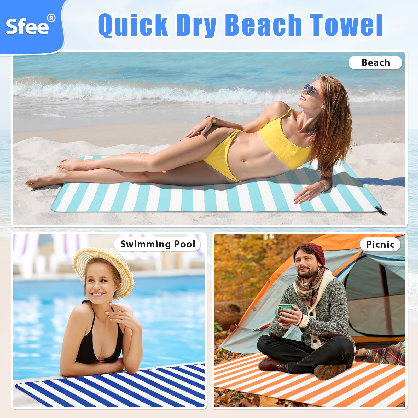 Sfee 2 in 1 Microfiber Beach Towel, Quick Dry Towel Camping Towel Travel Towel Super Absorbent Compact Lightweight Sports Towel Gym Towel Set for Beach, Gym, Hiking, Pool, Backpacking, Bath, Yoga