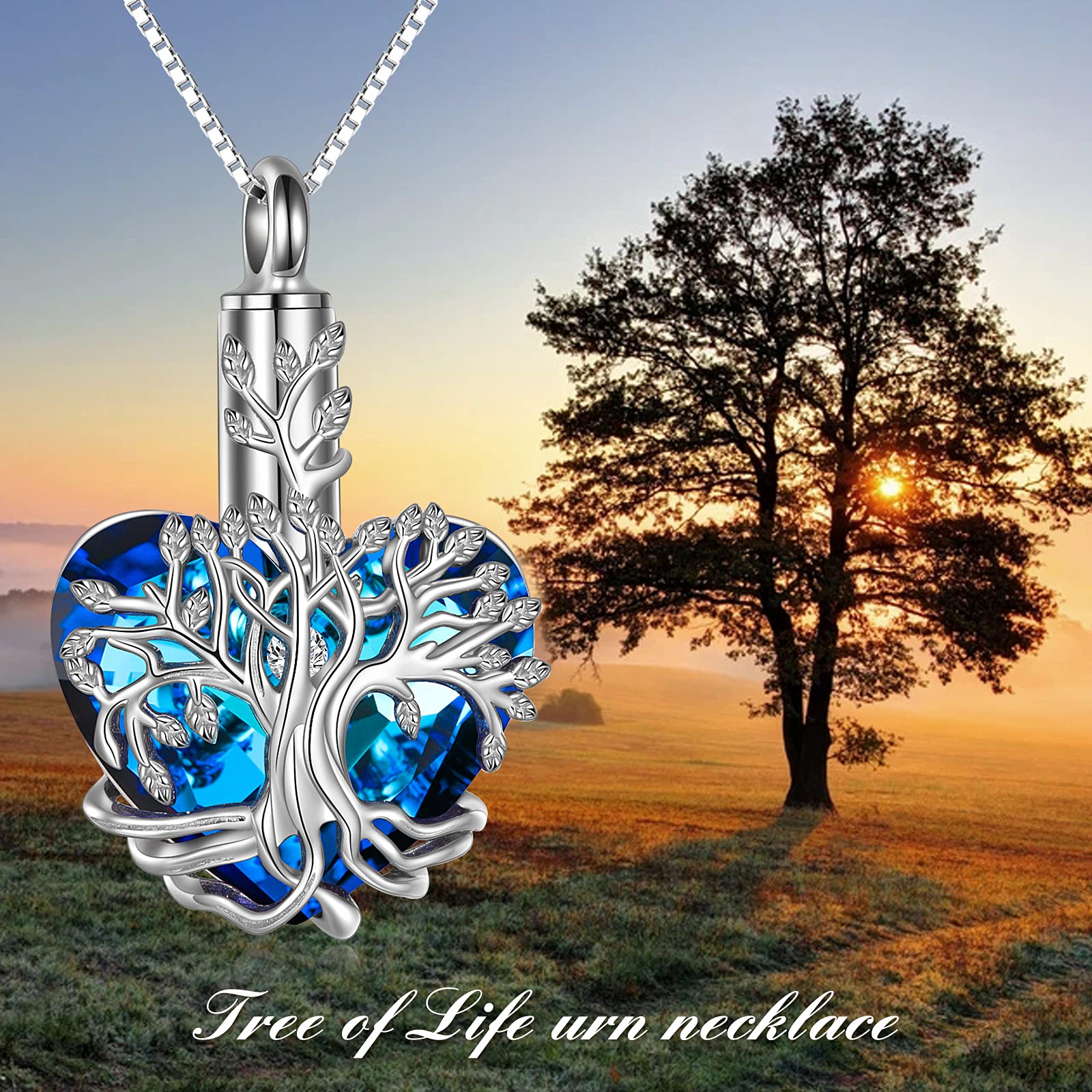 YFN Urn Necklace for Ashes for Women Tree of Life Heart Cremation Jewelry Sterling Silver with Blue Crystal with Funnel Filler Urn Jewelry Gifts for Women