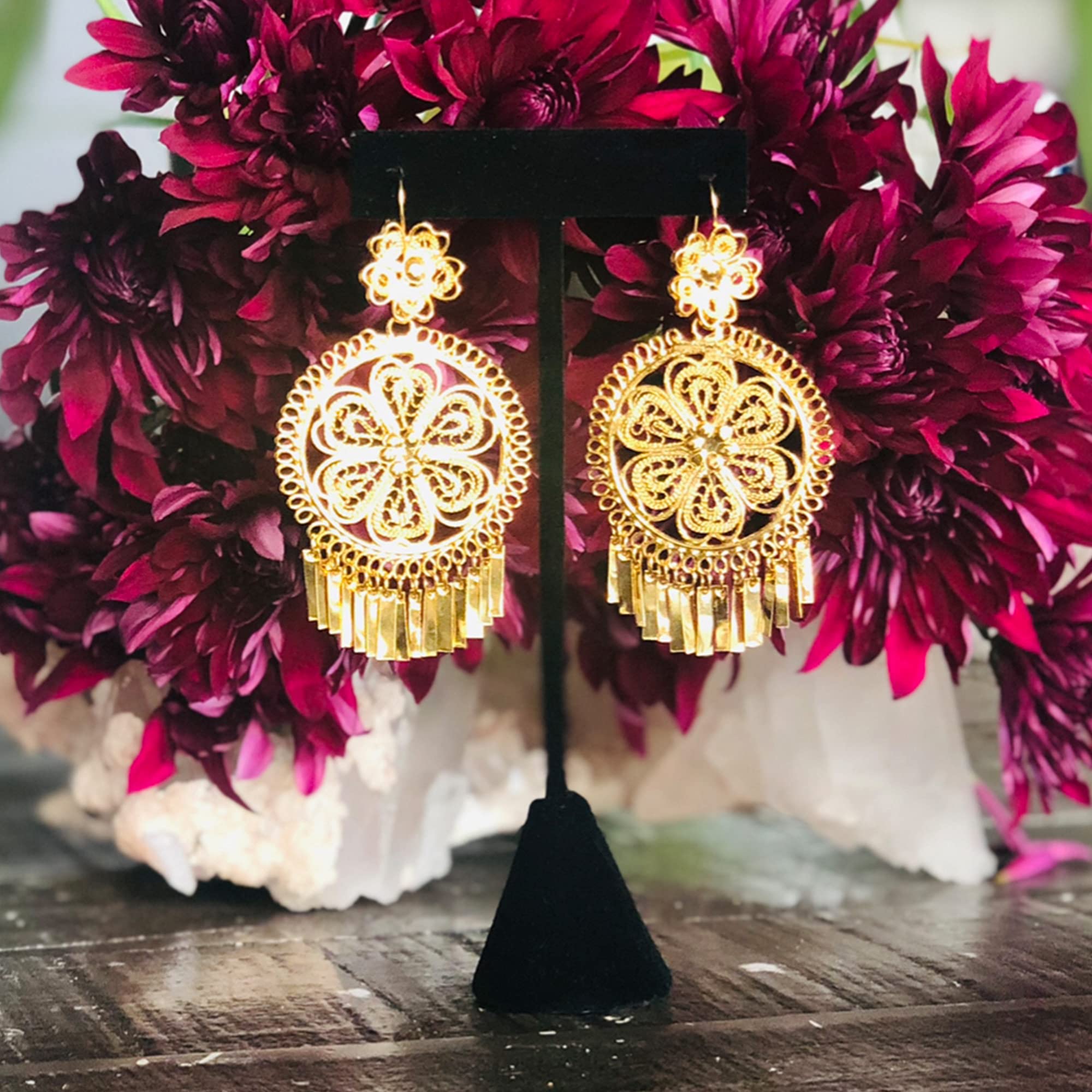 Folklorico Mexican Gold Earrings, Full Flower (Medium) Earrings, Day of the Dead, Mexican Earrings, Flower Earrings