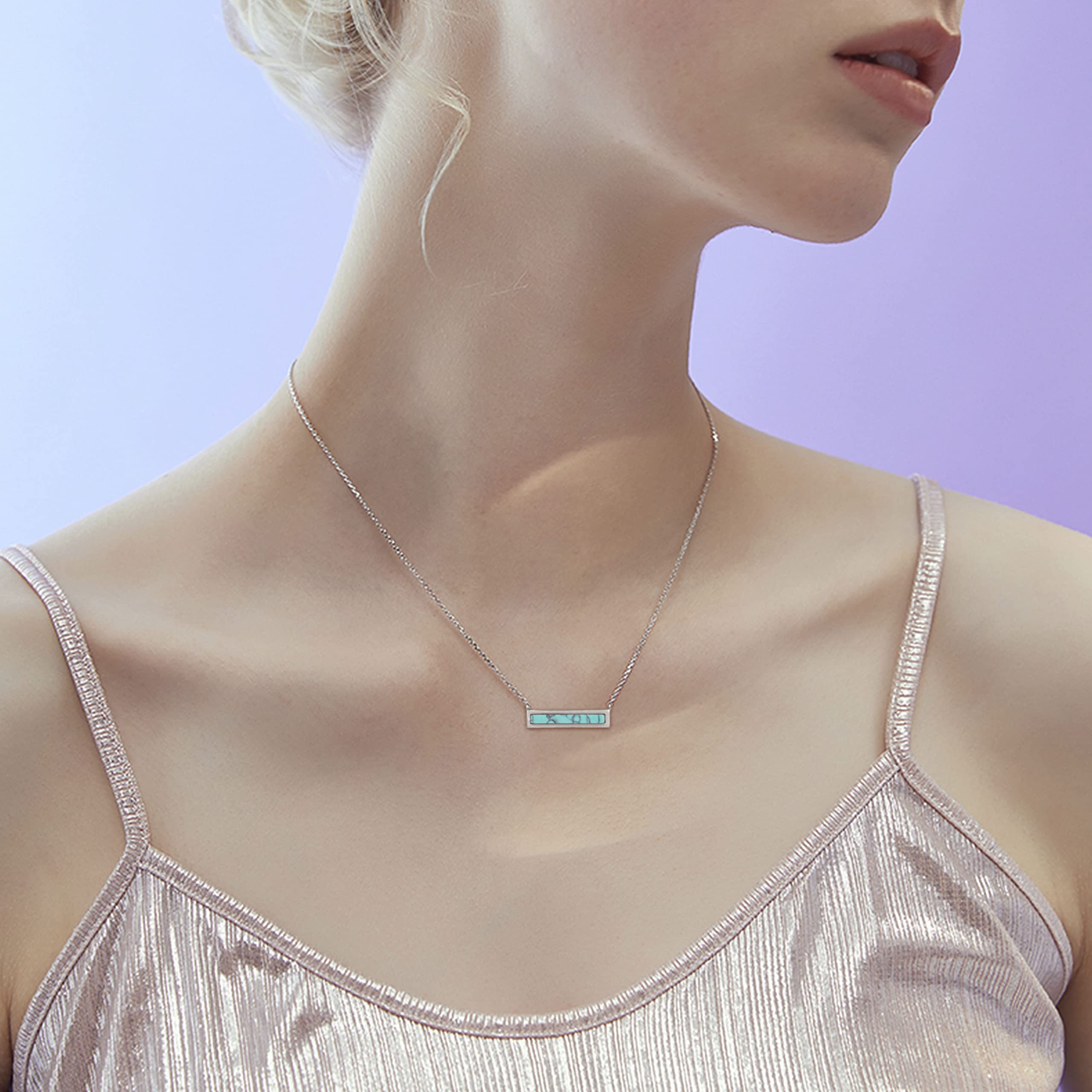 Lauren-Spencer Gemstone Bar Necklaces for Women Gold Silver Plated Simulated Turquoise Necklace Pendant Triangle Square Necklaces Dainty Choker Necklace Jewelry Gift (Silver-Turquoise Bar Necklace)