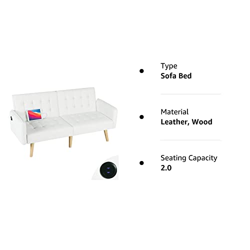 TYBOATLE Modern Faux Leather Upholstered Convertible USB Folding Futon Sofa Bed, 65" Couch, Love Seats Furniture for Small Space Configuration, Apartment, Dorm, Living Room, Office (White)