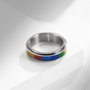 HIJONES Men's Women's Stainless Steel 6mm Tiny Stacking Rainbow Spinner Fidget Ring Couple Wedding Jewelry Silver Size 12