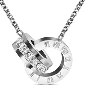 Jude Jewelers Stainless Steel Interlocking Circles Infinity Style Roman Numbers Wedding Statement Collar Necklace (Silver)