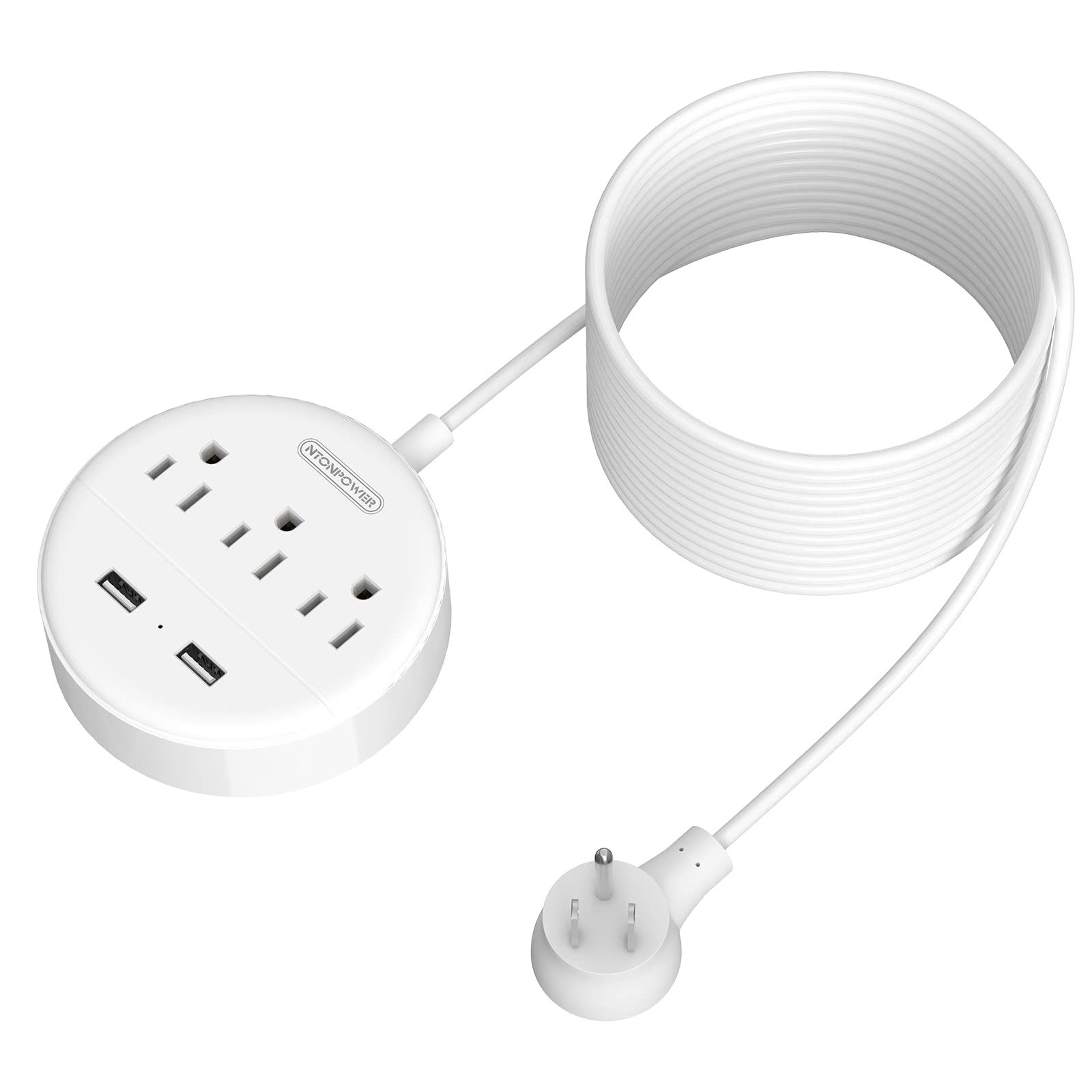 Extension Cord 25ft, NTONPOWER Power Strip with Long Extension Cord, 3 Outlet 2 USB Compact Desktop Charging Station Wall Mount for TV Living Room, Dorm, Office and Nightstand - White