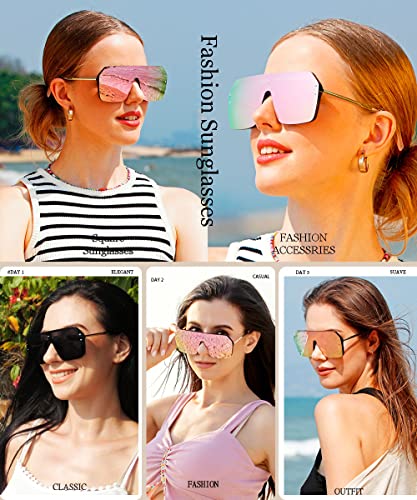 Oversized Sunglasses for Women Big One Piece Trendy Flat Top Rimless Visor Sunglasses Shield Large Shades Black+Pink