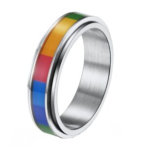 hijones men's women's stainless steel 6mm tiny stacking rainbow spinner fidget ring couple wedding jewelry silver size 12