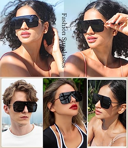 Oversized Sunglasses for Women Big One Piece Trendy Flat Top Rimless Visor Sunglasses Shield Large Shades Black+Pink