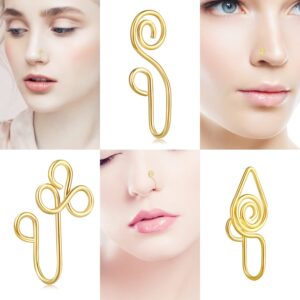 Fzroezz 9 Pcs African Nose Cuff Non Piercing Fake Nose Ring Piercings 20 Gauge Clip on Surgical Stainless Steel Nose Cuffs Rings Pack for Women Men Non Pierced Nose Cute Set Unique Ethnic Indian Gold