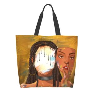 African American Woman Tote Bag for Women Beach Canvas Bag Travel Reusable Grocery Shopping Bag Tote for Women