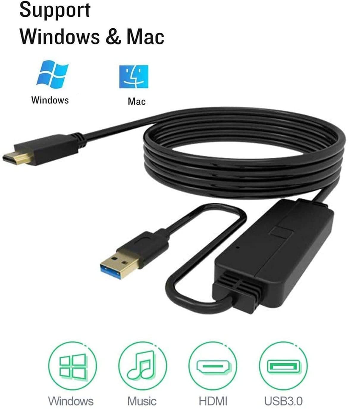 USB to HDMI Adapter Cable for Mac OS Windows 10/8/7/Vista/XP, USB 3.0 to HDMI Male HD 1080P Monitor Display Audio Video Converter Cord 6.6FT