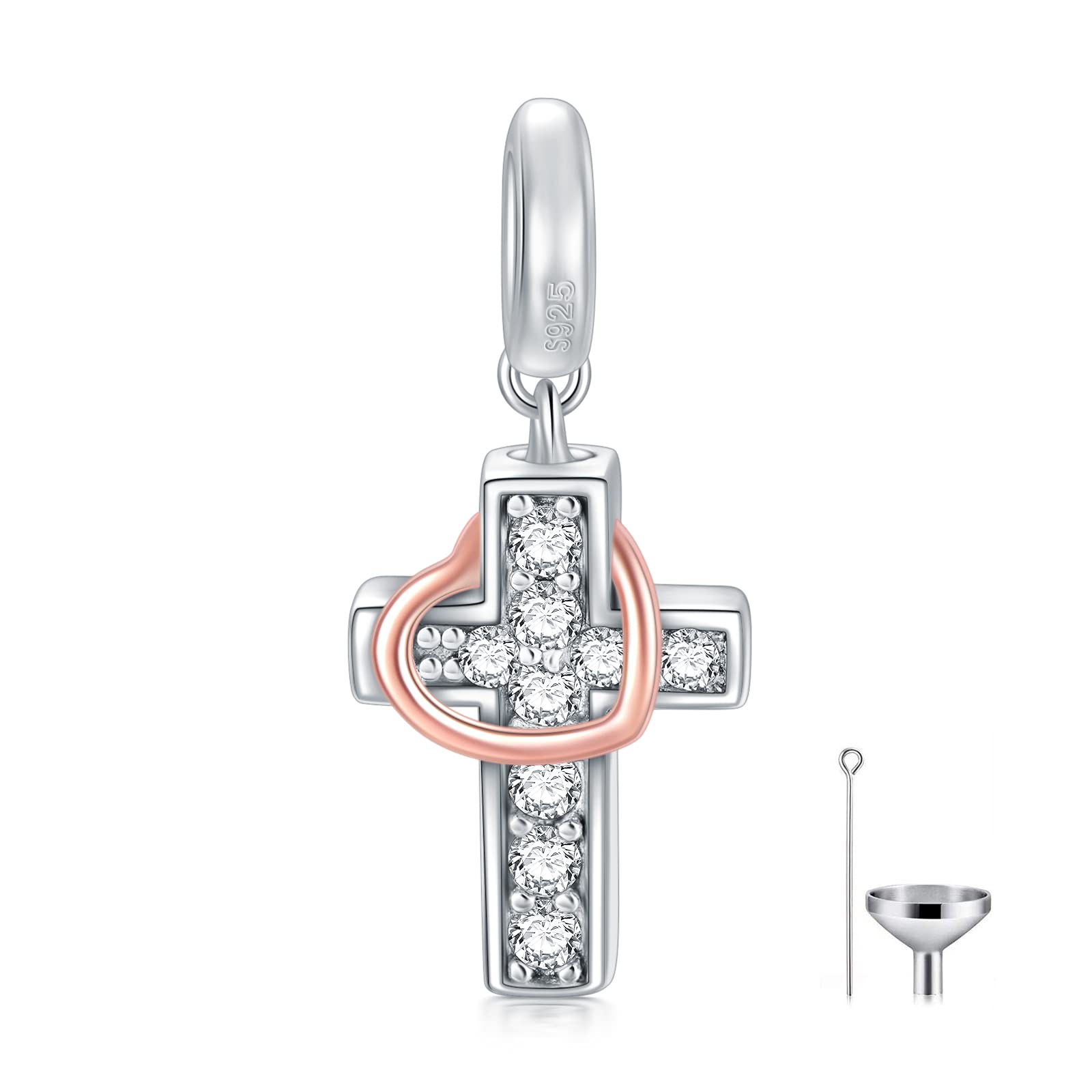 Cross Cremation Charm for Ashes 925 Sterling Silver Crucifix Religious Urn Bead Charm Fit Snake Bracelet Keepsake Memorial Locket for Women Mom