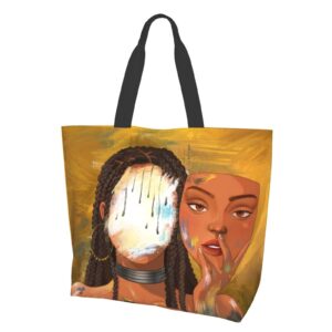 African American Woman Tote Bag for Women Beach Canvas Bag Travel Reusable Grocery Shopping Bag Tote for Women