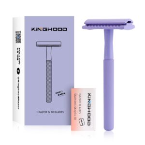 KINGHOOD Copper Single Blade Razor for Gentle & Close Shave - Double Edge Safety Razor with 10 Blade Refills, Long Handle, Weighted Razor, Eco-Friendly & Less Irritation Perfect for Sensitive Skin