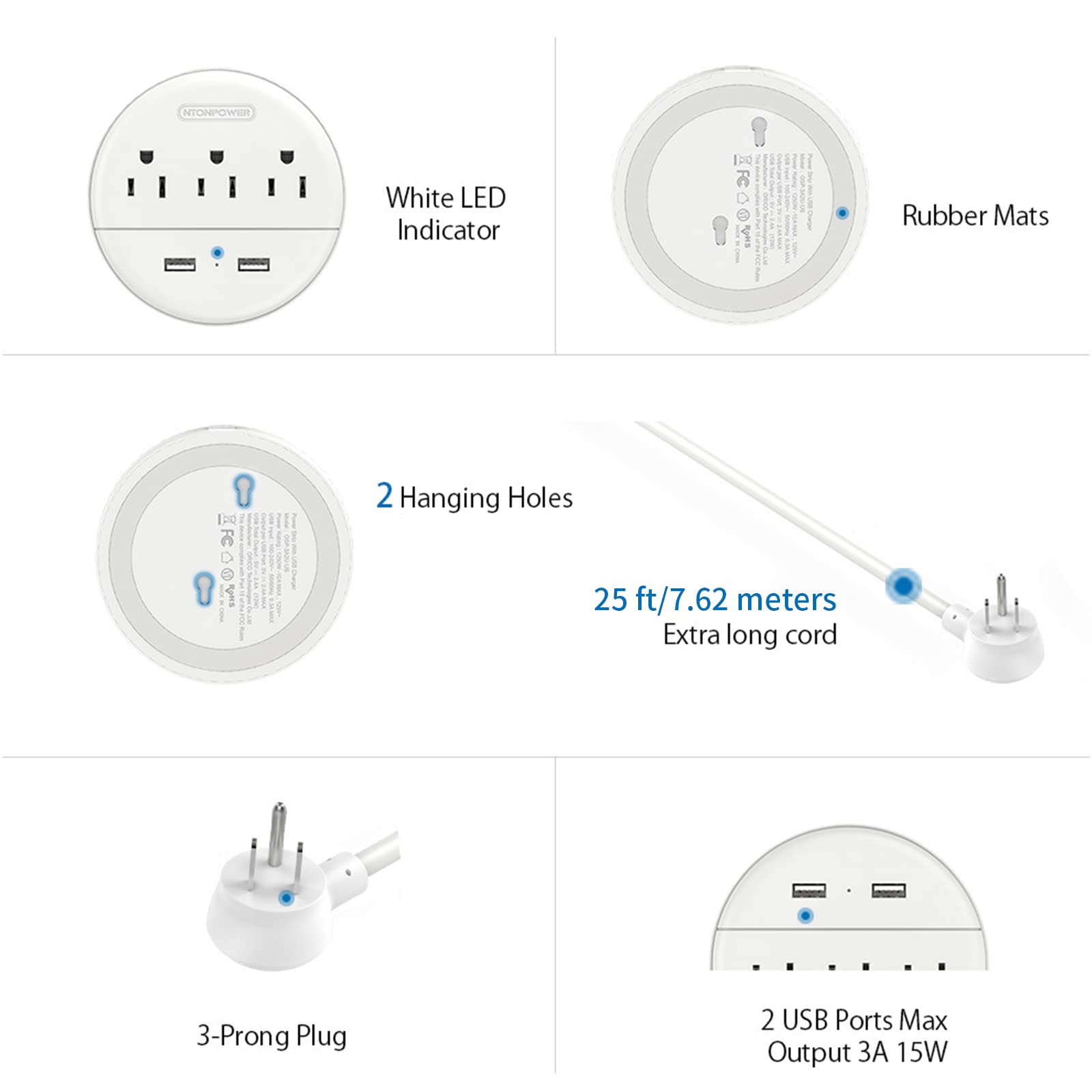 Extension Cord 25ft, NTONPOWER Power Strip with Long Extension Cord, 3 Outlet 2 USB Compact Desktop Charging Station Wall Mount for TV Living Room, Dorm, Office and Nightstand - White