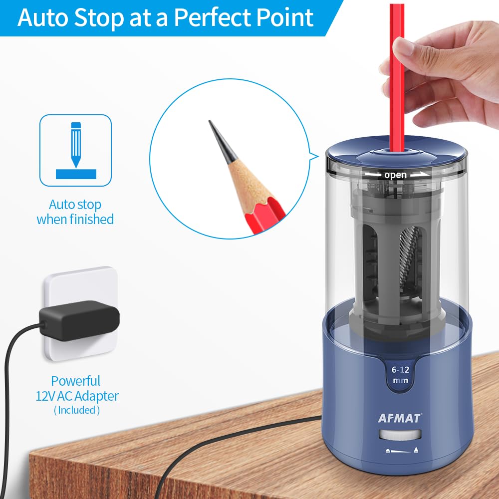 AFMAT Long Point Pencil Sharpener, Auto Stop & Fast Sharpening, Electric Pencil Sharpener for Artists, Super Long Point, Charcoal Pencil Sharpener Plug in for φ6-12mm Drawing/Sketching/Colored Pencils