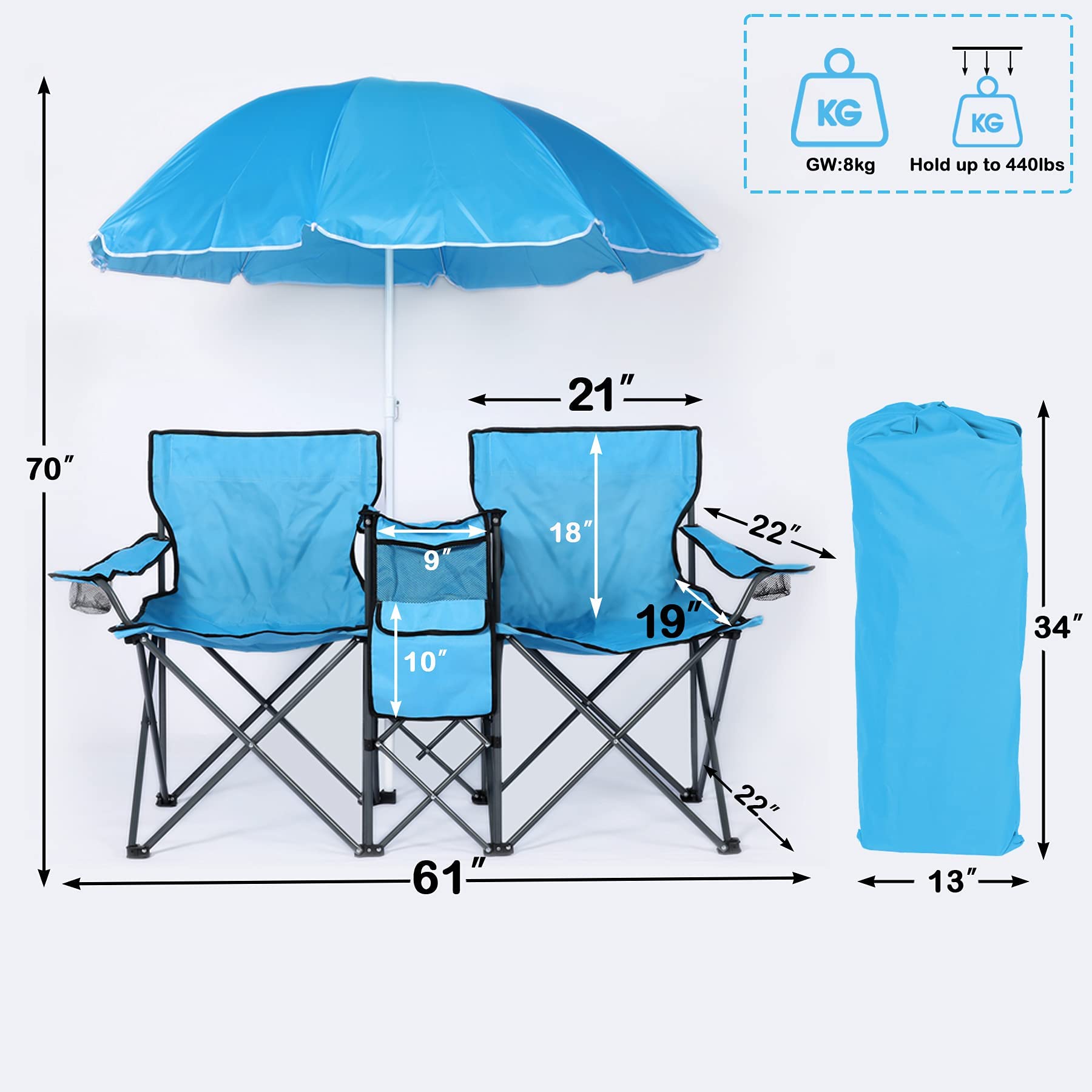 DOALBUN Double Portable Picnic Chair Folding Camping Chair W/Umbrella Table Beverage Holder Carrying Bag Cooler Fold Up Table for Patio Pool Park Outdoor Beach Camping Chair (Blue)