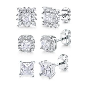 white gold plated square cut diamond cubic zirconia stud earrings prong setting halo earrings for women men