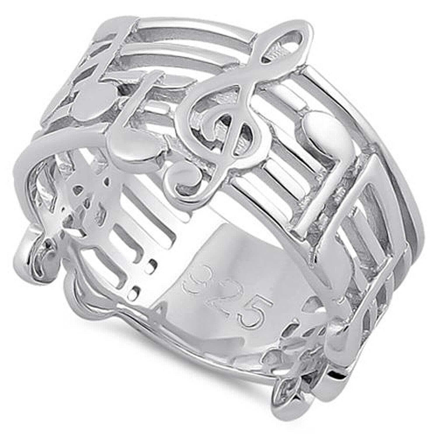 Sterling Silver 925 Musical Notes Ring Wide Classic Ring Treble Clef Jewelry (7)