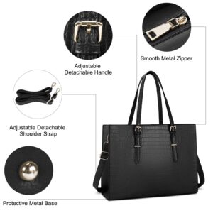 Laptop Bag for Women 15.6 inch Laptop Tote Bag Leather Classy Computer Briefcase for Work Waterproof Handbag Professional Shoulder Bag Women Business Office Bag Purse 2pcs Set (Dark Black)