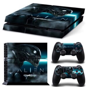 zoomhitskins compatible for ps 4, alien black blue neon lights robots scifi, durable & fit vinyl, made in the usa