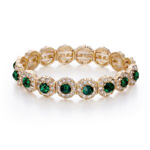 BriLove Women's Wedding Bridal Crystal Rhinestone Beaded Stretch Bangle Bracelet Emerald Color Gold-tone