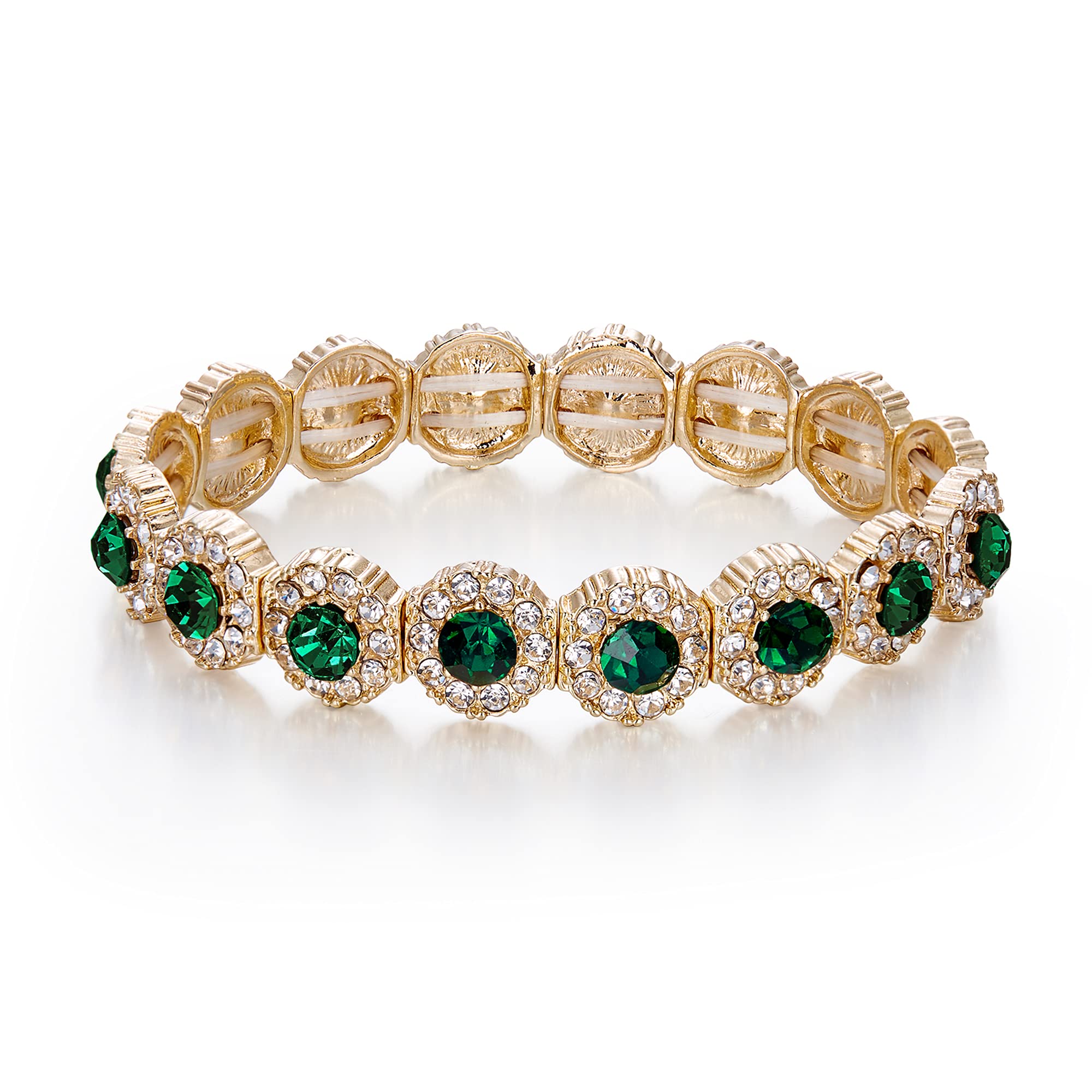 BriLove Women's Wedding Bridal Crystal Rhinestone Beaded Stretch Bangle Bracelet Emerald Color Gold-tone