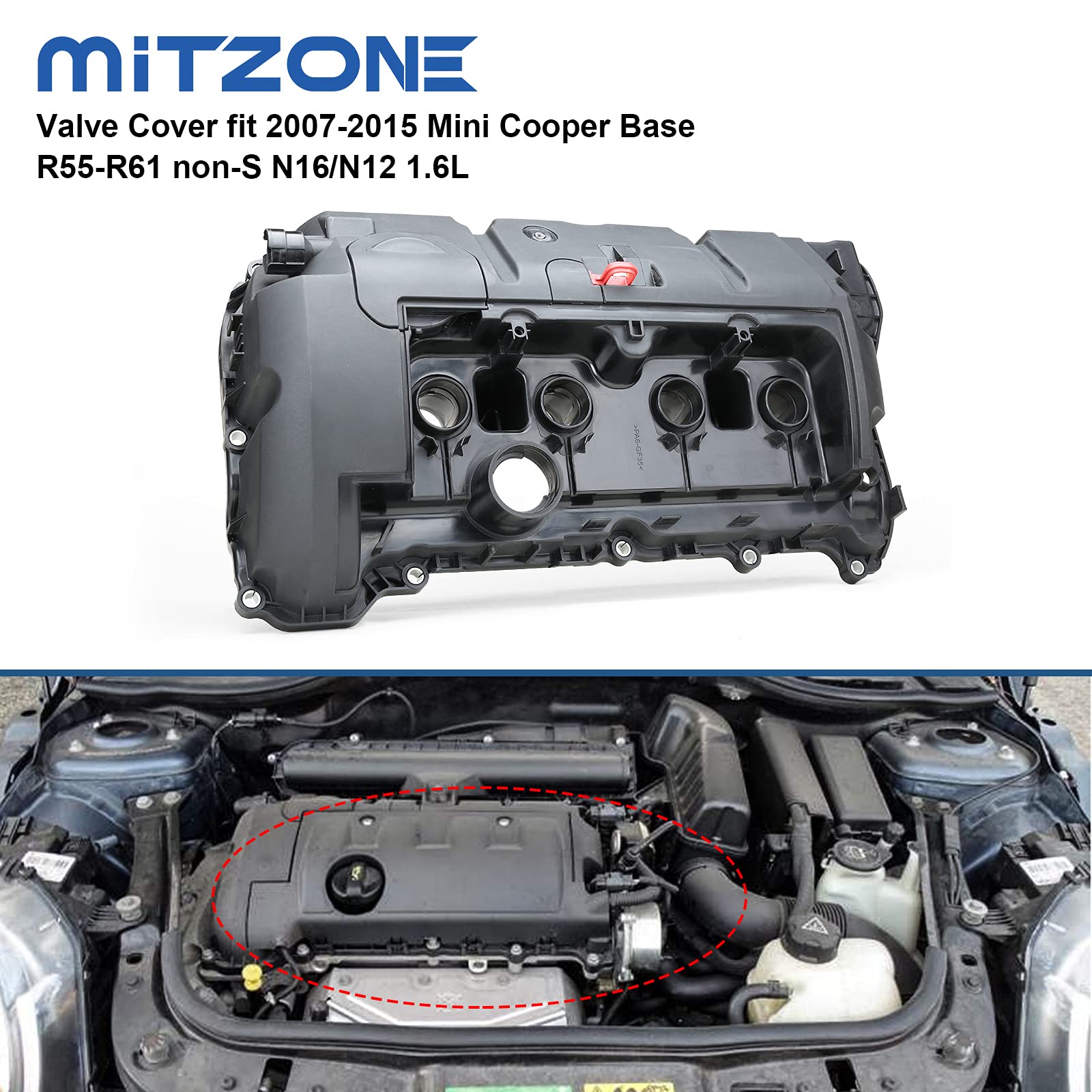 MITZONE Cylinder Head Valve Cover Compatible for 2007-2015 Mini Cooper Base R55-R61 non-S N16/N12 1.6L Replace 11127646554