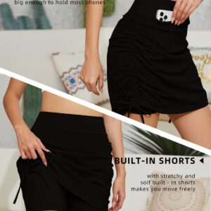 Cakulo Athletic Skorts for Woman Drawstring Knee Length Swim Golf Tennis Skirts Pocket Casual High Waist Skirt Black S