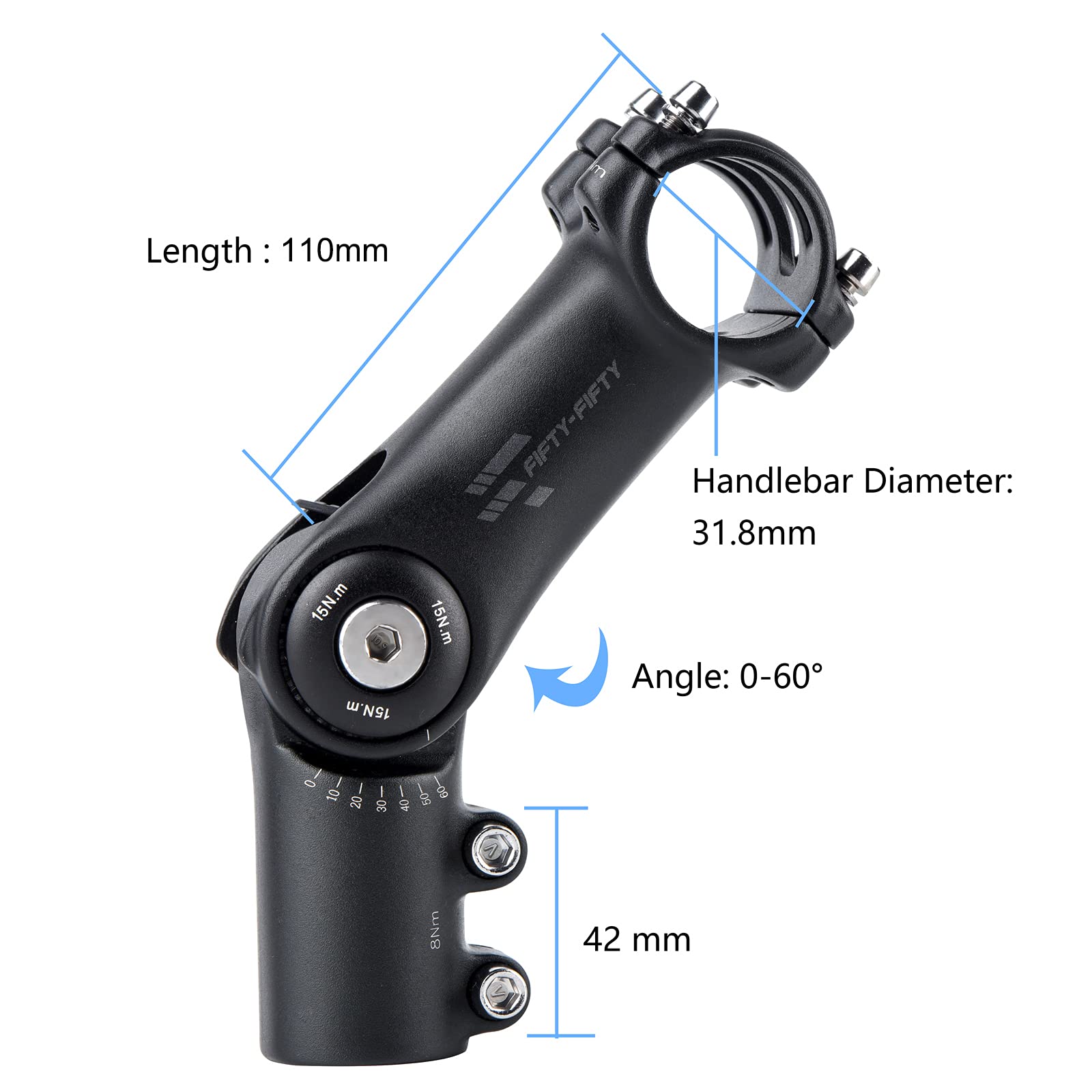 FIFTY-FIFTY Adjustable Bike Stem, 0-60 Degree Mountain Bike Stem, Riser Stem for 1-1/8 Steer Tube 31.8mm Handlebar, Alloy Stem for Most Bicycle, Road Bike, MTB, E-Bike with 2 Hex Keys (Black, 110mm)