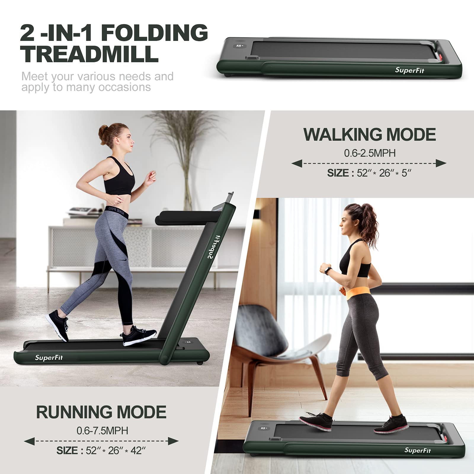 Sporfit 2 in 1 Folding Treadmill,Portable Installation-Free Treadmill with Bluetooth Speaker, Remote Control, APP Control and LED Display, Walking Jogging for Home Office Use, Green