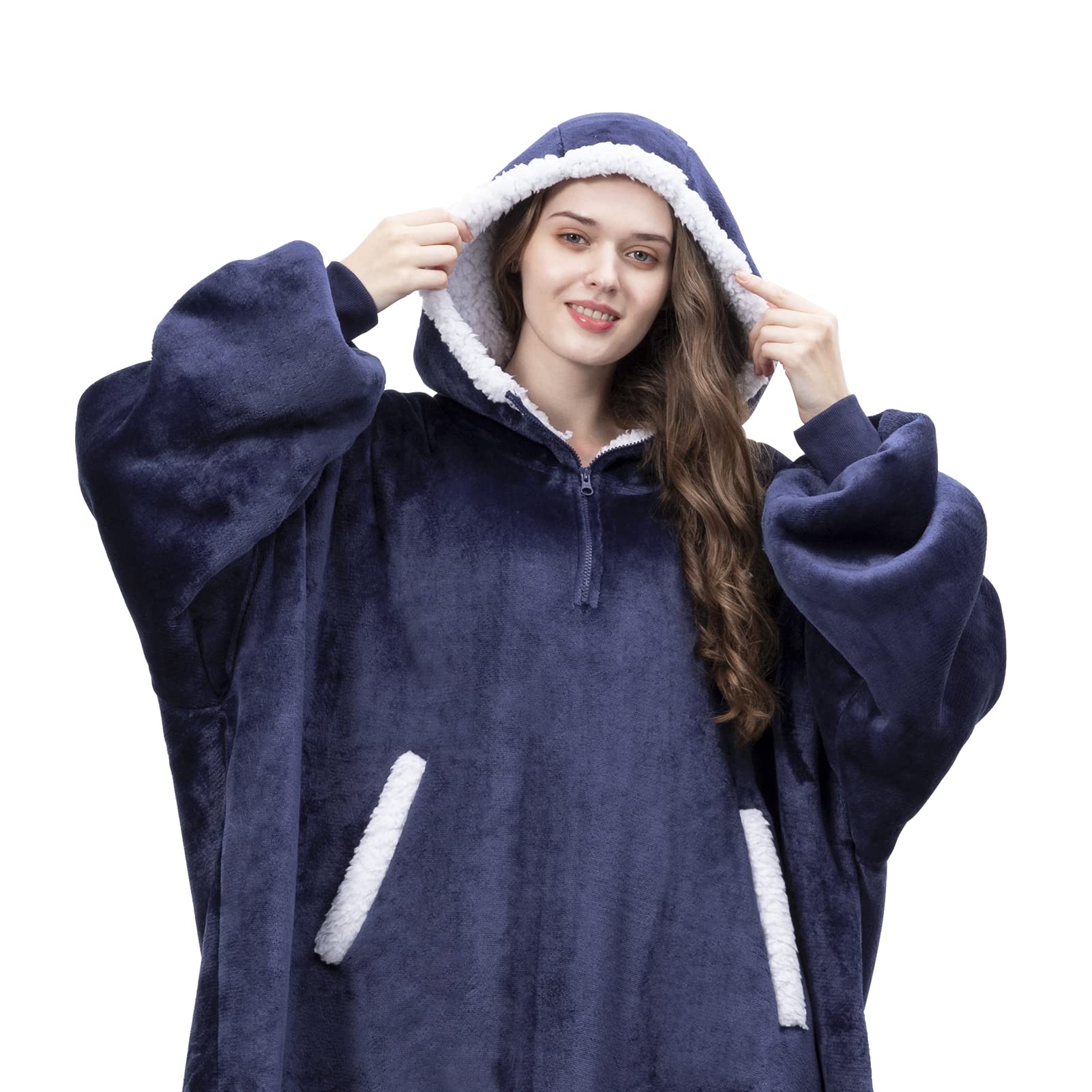 Sunolga Wearable Blanket Oversized Microfiber & Sherpa Wearable Blanket Hoodie, Sweatshirt with Hood Pocket and Sleeves, Super Soft Warm Plush Hooded Blanket for Adult Women Men, One Size Fits AllBlue