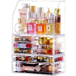 Celar Makeup Organizer With With Lid,Dustproof Waterproof Design Make up Organizer for Bathroom Countertop,7 Drawers Acrylic Skincare and Cosmetic Storage for Vanity Countertop,Dresser Top Organizer