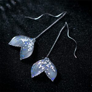 Dainty Ocean Mermaid Tail Threader Dangle Earrings for Women 925 Sterling Silver Acrylic Sequins Fishtail Long Curved Line Wave Wire Drop Dangling Stud Earring Retro Birthday Cosplay Party Y2K Jewelry