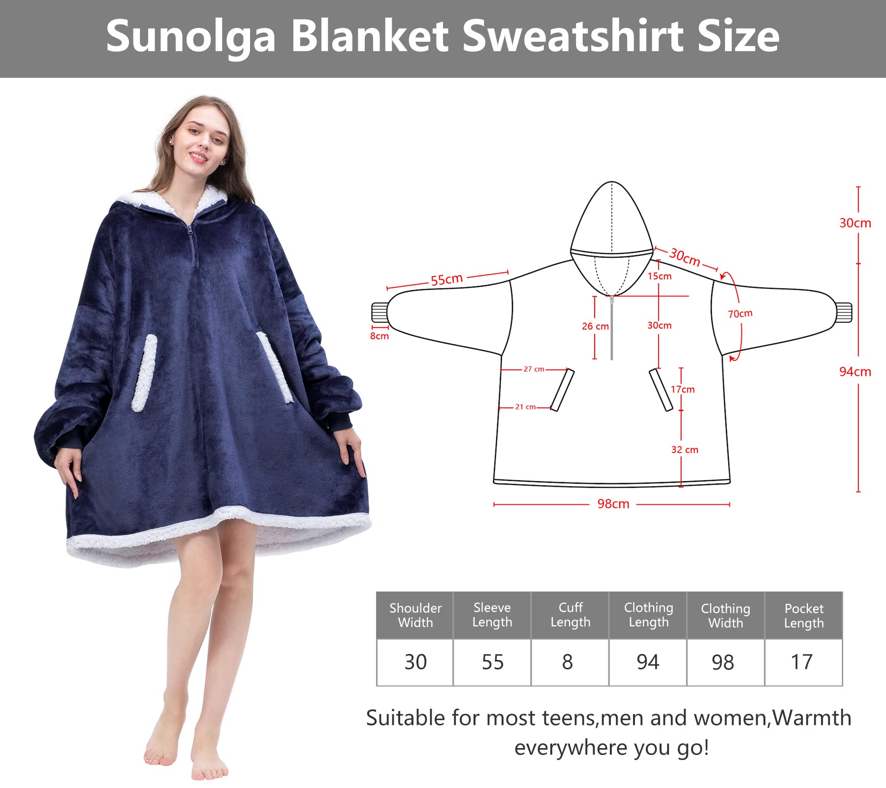 Sunolga Wearable Blanket Oversized Microfiber & Sherpa Wearable Blanket Hoodie, Sweatshirt with Hood Pocket and Sleeves, Super Soft Warm Plush Hooded Blanket for Adult Women Men, One Size Fits AllBlue