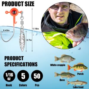 50 Pieces Crappie Jig Heads Kit, Fishing Jig Head Hook Fishing Lure Jig Head with Eye Ball 1/16 OZ Head Jig Hook Lure with Spinner Blade Outdoor Fishing Tackle for Saltwater Freshwater Fishing