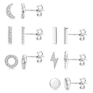 Hayoso 6 Pairs Sterling Silver Stud Earrings Hypoallergenic Earrings Stud Bar Circle CZ Stud Earrings Tiny Stud Earrings Set 14K Gold Plated Cartilage Earrings Studs for Women, White Gold Plated,