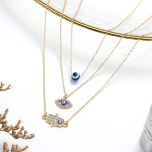 Baydurcan Gold Dainty Evil Eye Necklace and Hamsa Necklace Turkish Blue Eye Hand Pendant Necklace 3pcs Lucky Protection Jewelry Gift for Women Teenagers