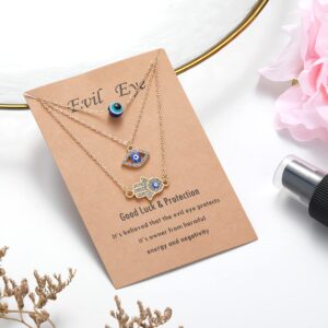 Baydurcan Gold Dainty Evil Eye Necklace and Hamsa Necklace Turkish Blue Eye Hand Pendant Necklace 3pcs Lucky Protection Jewelry Gift for Women Teenagers