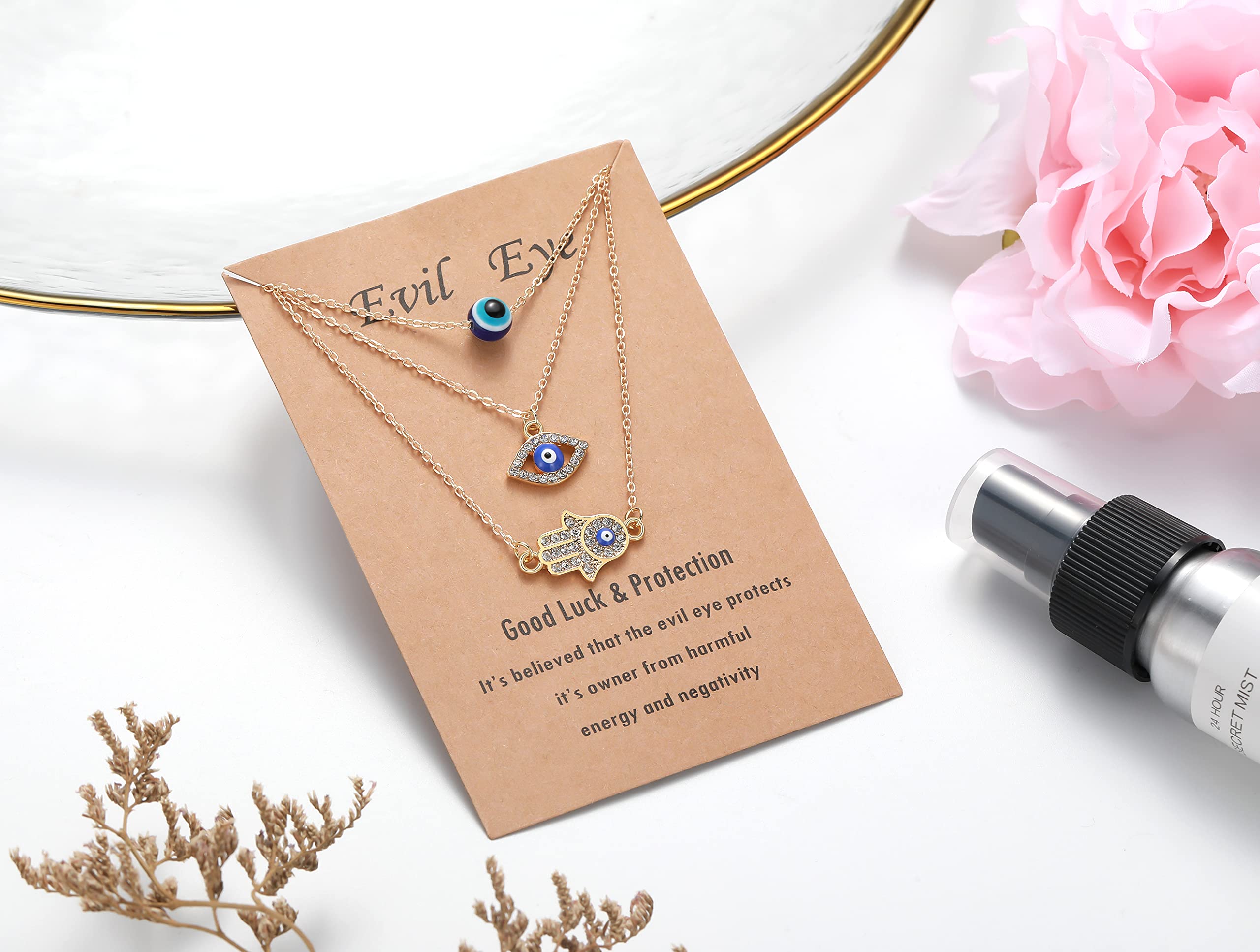 Baydurcan Gold Dainty Evil Eye Necklace and Hamsa Necklace Turkish Blue Eye Hand Pendant Necklace 3pcs Lucky Protection Jewelry Gift for Women Teenagers