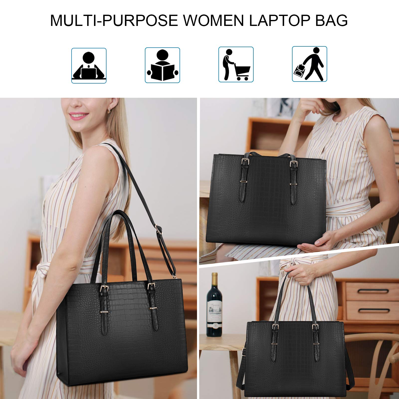 Laptop Bag for Women 15.6 inch Laptop Tote Bag Leather Classy Computer Briefcase for Work Waterproof Handbag Professional Shoulder Bag Women Business Office Bag Purse 2pcs Set (Dark Black)